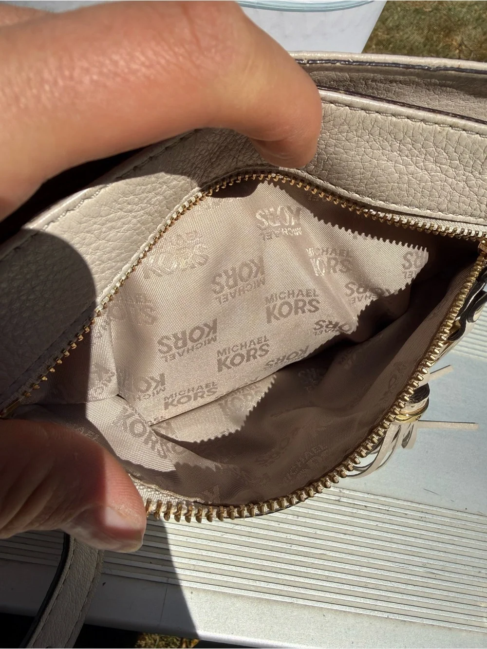 Michael Kors Pebbled Leather Crossbody in Light Taupe with Gold Hardware
